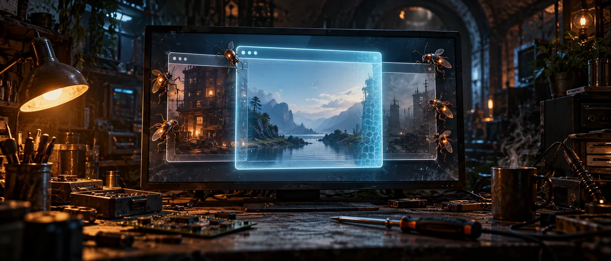 Editorial illustration of browser windows protected by cyan light, with mechanical tracking insects clinging to their edges.