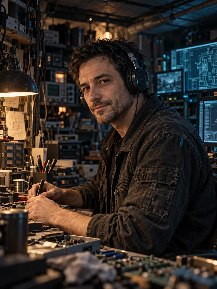 Fictional underground technician CRYPT1K at a repair bench.