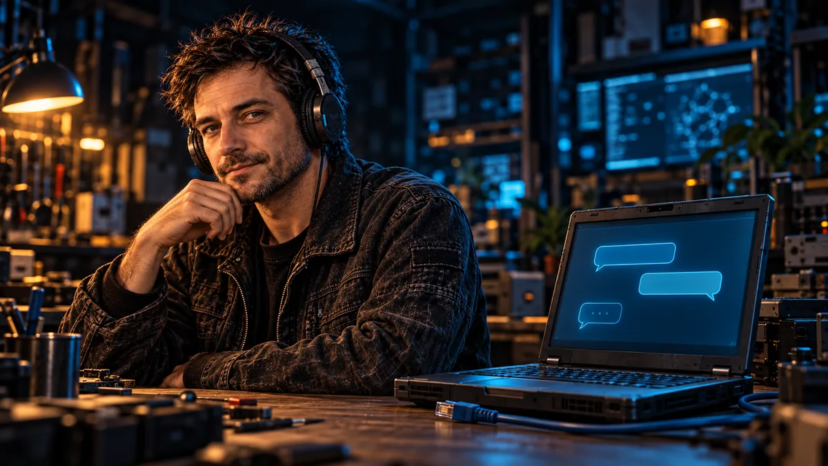 The fictional CRYPT1K, matching his approved avatar, beside a laptop with abstract chat bubbles and an unplugged Ethernet cable in his workshop.