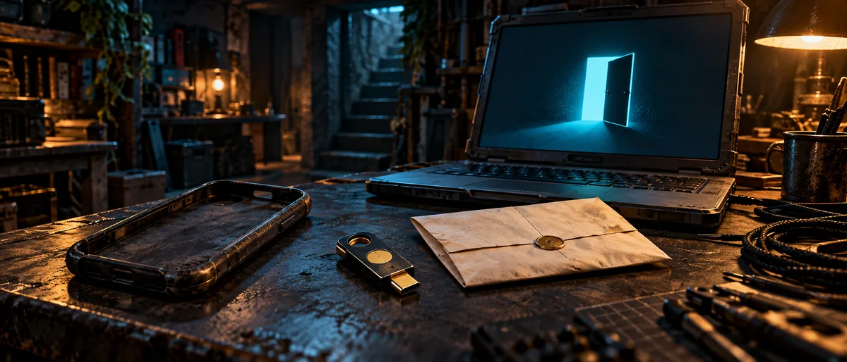 Editorial illustration of an empty phone case, hardware security key, recovery envelope, and laptop with a glowing open doorway in an underground workshop.