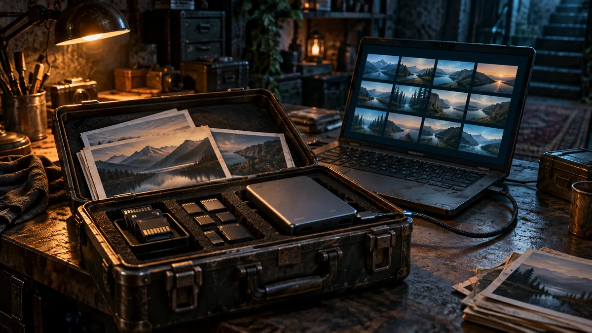 Editorial illustration of landscape photo prints, memory cards, and an external drive in an archival case beside a laptop photo library.