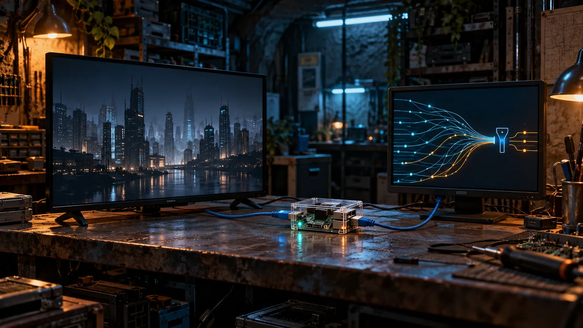 Editorial illustration of a television, small network computer, and abstract DNS-filter display on an underground workbench.